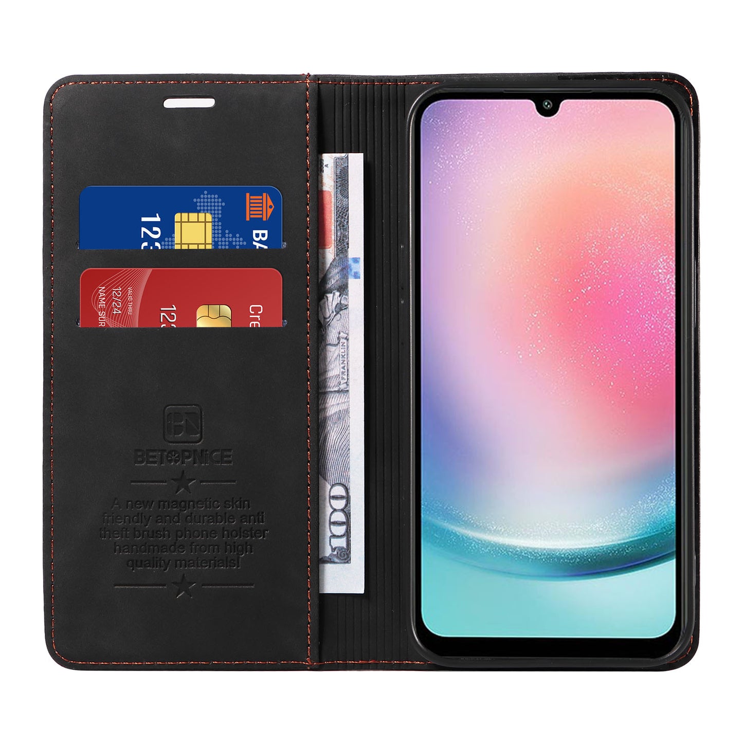 Uniqkart 003 For Samsung Galaxy A24 4G RFID Blocking PU Leather Stand Cover Shockproof Wallet Cell Phone Case - Black