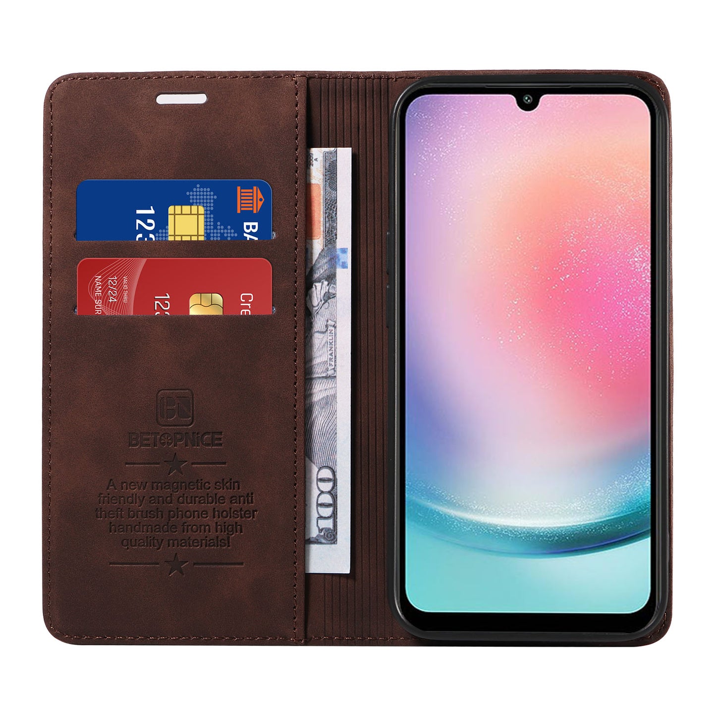 Uniqkart 003 For Samsung Galaxy A24 4G RFID Blocking PU Leather Stand Cover Shockproof Wallet Cell Phone Case - Brown