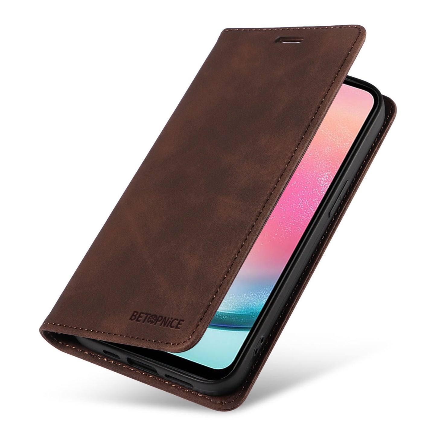 Uniqkart 003 For Samsung Galaxy A24 4G RFID Blocking PU Leather Stand Cover Shockproof Wallet Cell Phone Case - Brown