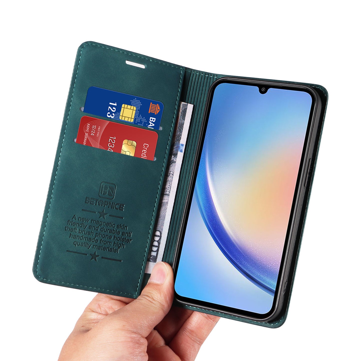 Uniqkart 003 For Samsung Galaxy A34 5G Wallet RFID Blocking Phone Stand Cover Shockproof PU Leather Case - Green