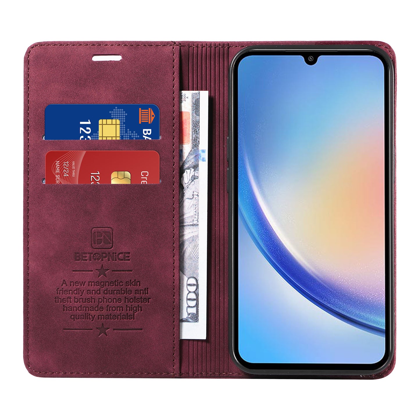 Uniqkart 003 For Samsung Galaxy A34 5G Wallet RFID Blocking Phone Stand Cover Shockproof PU Leather Case - Red