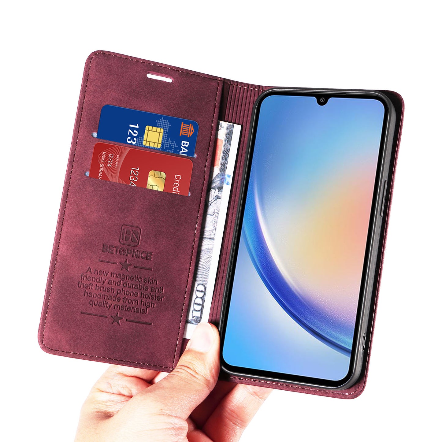 Uniqkart 003 For Samsung Galaxy A34 5G Wallet RFID Blocking Phone Stand Cover Shockproof PU Leather Case - Red