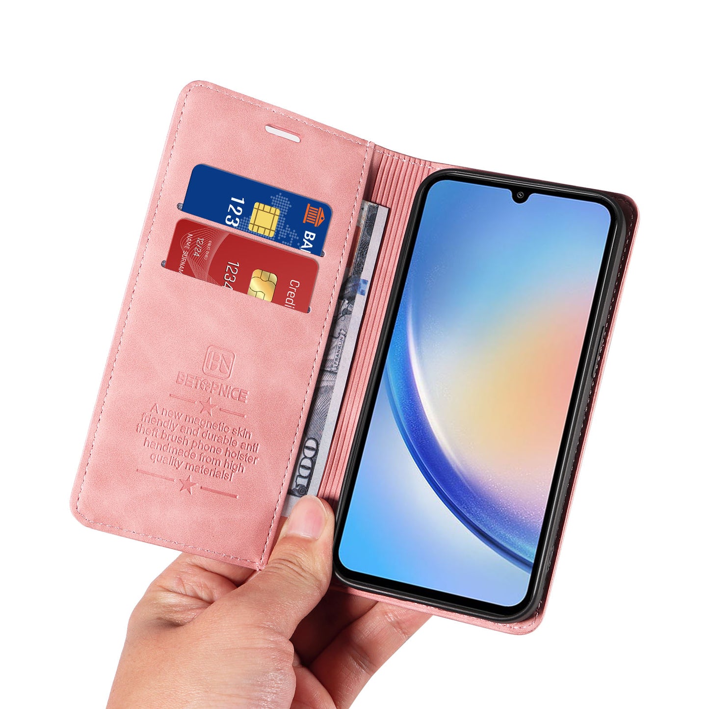 Uniqkart 003 For Samsung Galaxy A34 5G Wallet RFID Blocking Phone Stand Cover Shockproof PU Leather Case - Pink
