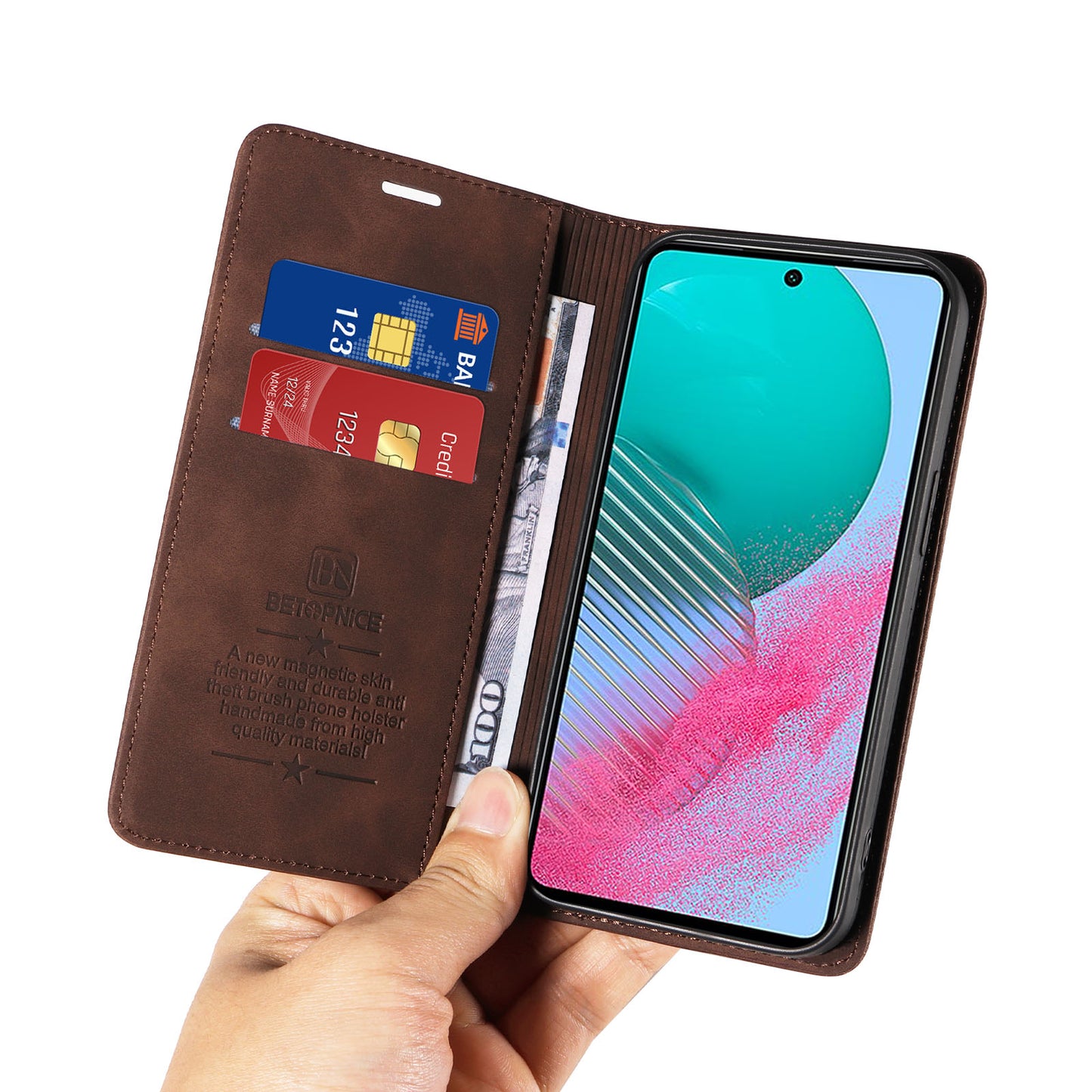 Uniqkart 003 For Samsung Galaxy M54 5G / F54 5G Shockproof PU Leather Cell Phone Case Wallet RFID Blocking Phone Stand Cover - Brown