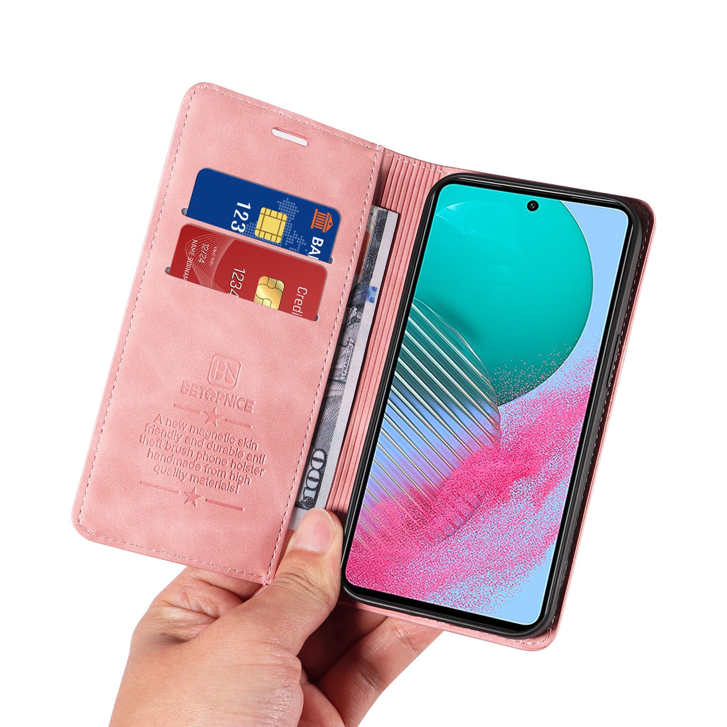 Uniqkart 003 For Samsung Galaxy M54 5G / F54 5G Shockproof PU Leather Cell Phone Case Wallet RFID Blocking Phone Stand Cover - Pink