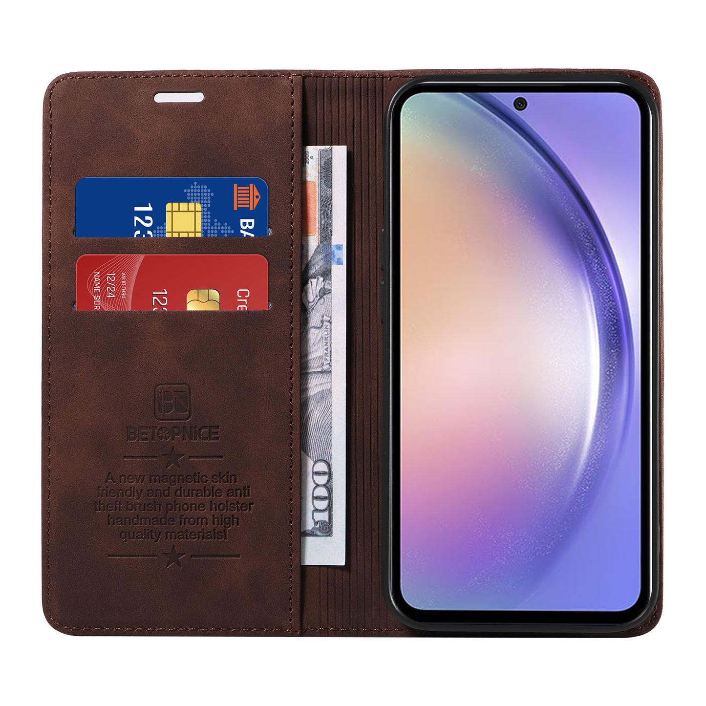 Uniqkart 003 Phone Stand Cover For Samsung Galaxy A54 5G , Anti-Dust Wallet RFID Blocking PU Leather Case - Brown