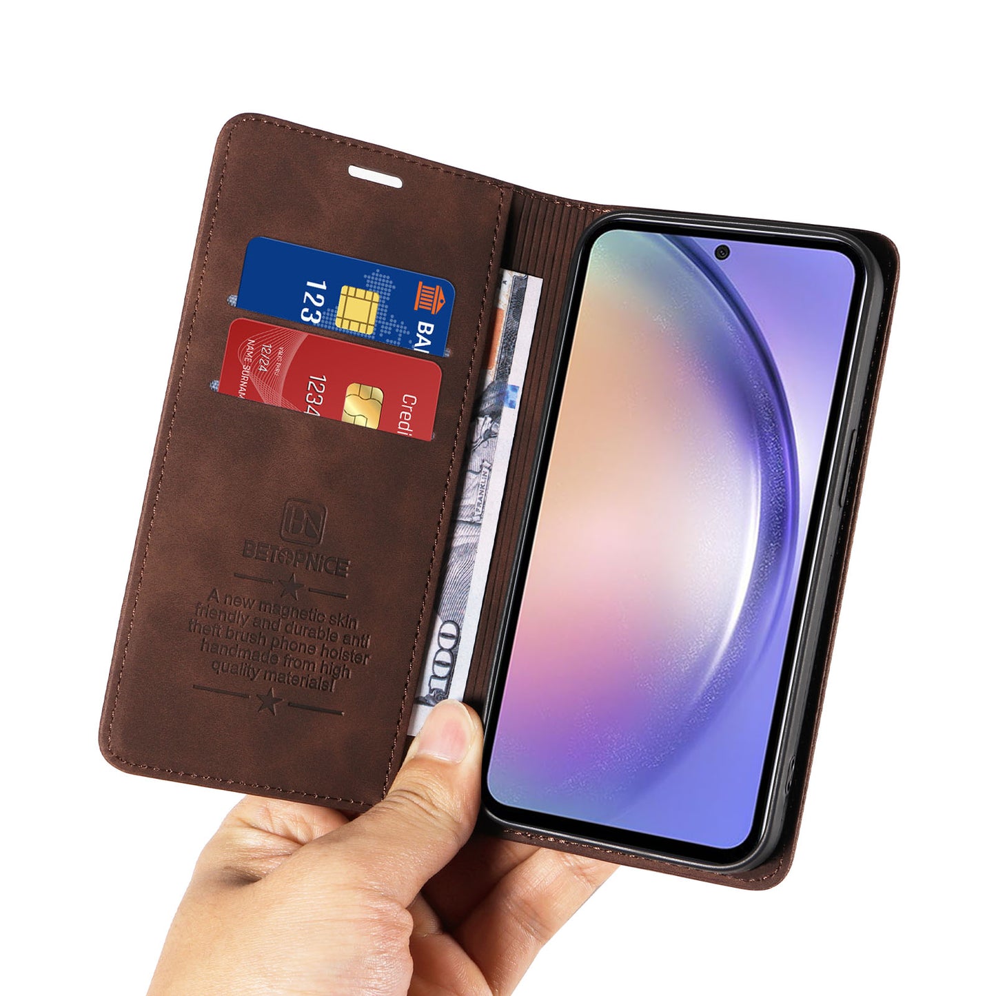 Uniqkart 003 Phone Stand Cover For Samsung Galaxy A54 5G , Anti-Dust Wallet RFID Blocking PU Leather Case - Brown