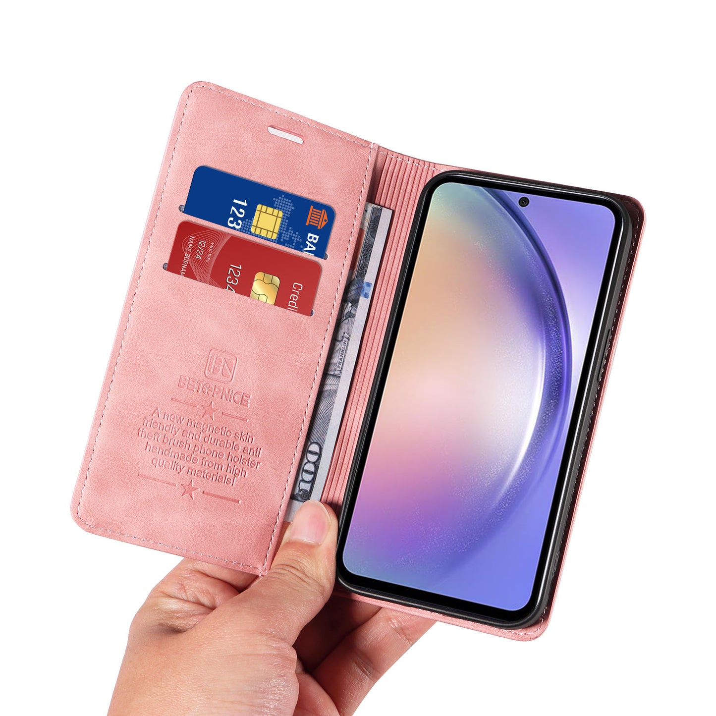 Uniqkart 003 Phone Stand Cover For Samsung Galaxy A54 5G , Anti-Dust Wallet RFID Blocking PU Leather Case - Pink
