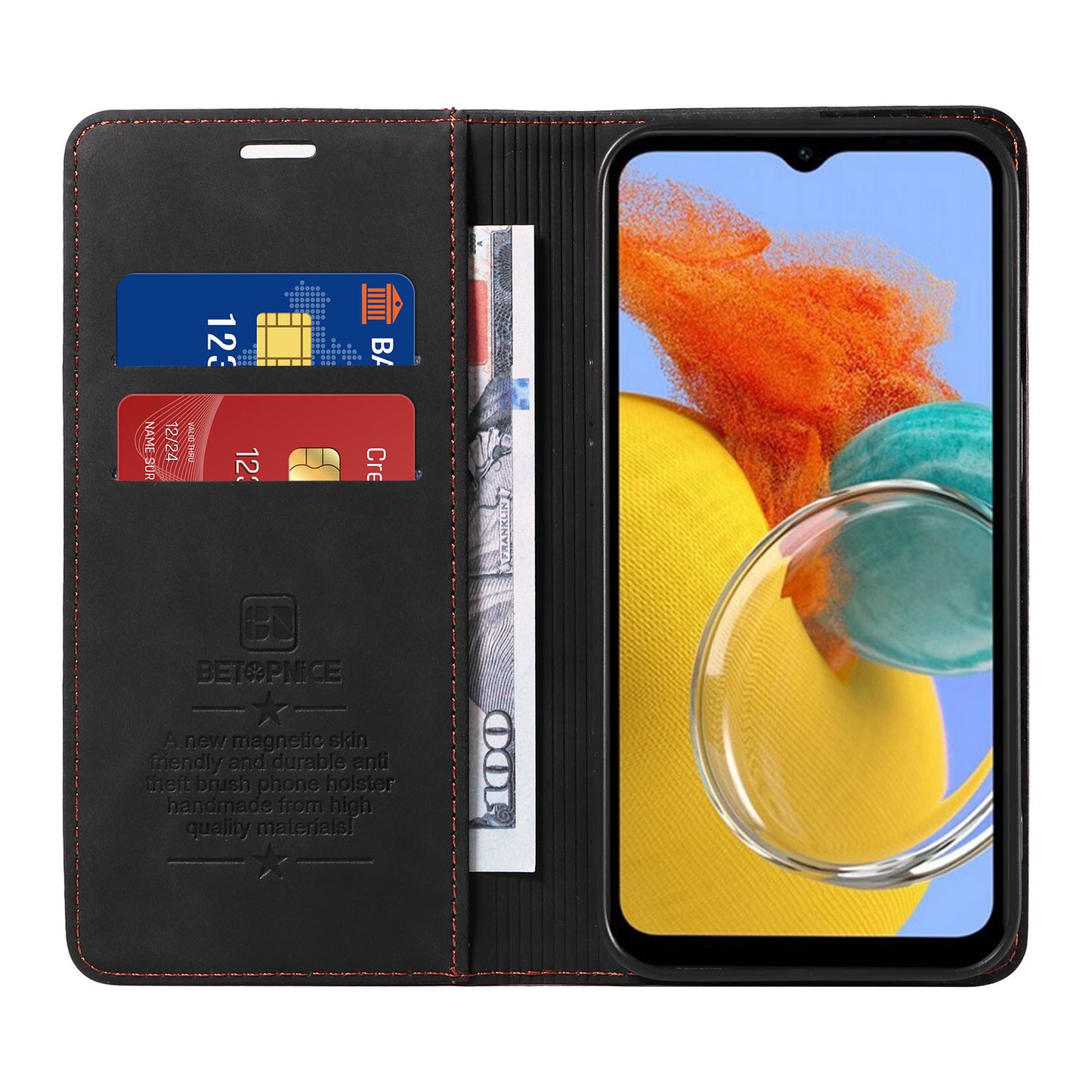 Uniqkart 003 RFID Blocking Phone Cover For Samsung Galaxy F14 5G / M14 5G , PU Leather Stand Wallet Mobile Phone Case - Black