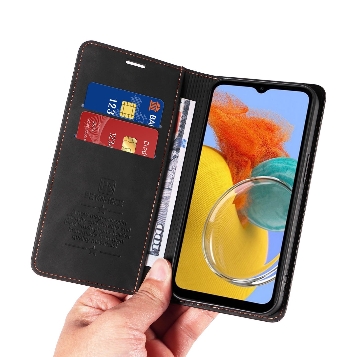 Uniqkart 003 RFID Blocking Phone Cover For Samsung Galaxy F14 5G / M14 5G , PU Leather Stand Wallet Mobile Phone Case - Black