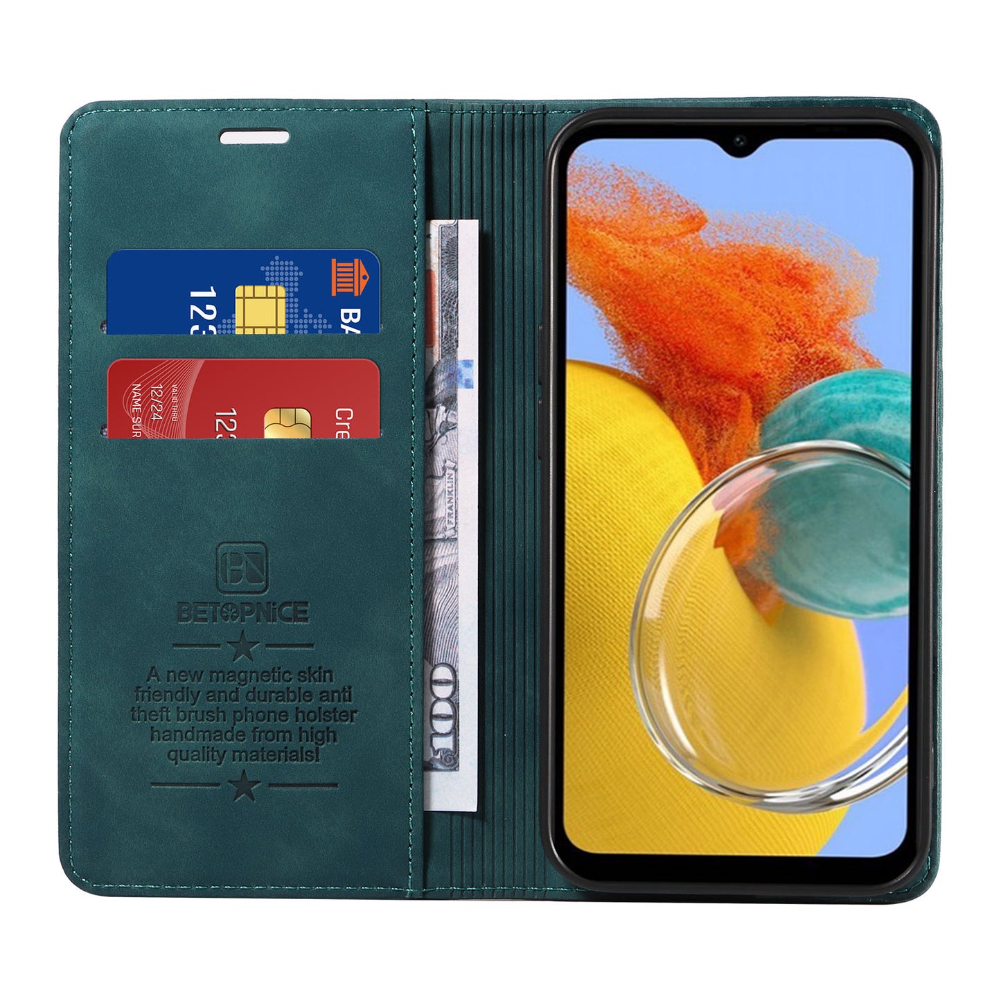 Uniqkart 003 RFID Blocking Phone Cover For Samsung Galaxy F14 5G / M14 5G , PU Leather Stand Wallet Mobile Phone Case - Green