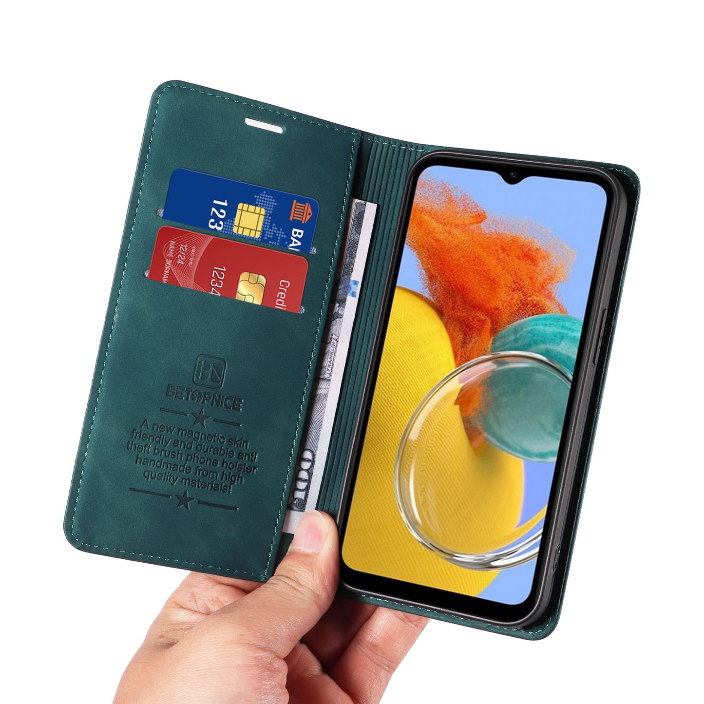 Uniqkart 003 RFID Blocking Phone Cover For Samsung Galaxy F14 5G / M14 5G , PU Leather Stand Wallet Mobile Phone Case - Green