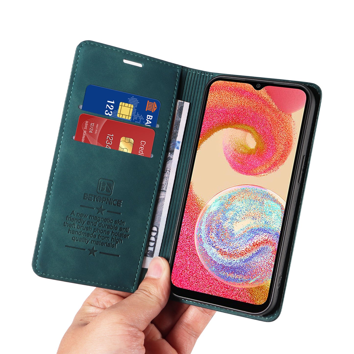 Uniqkart 003 For Samsung Galaxy A04e 4G / F04 4G / M04 4G Wallet Cell Phone Case RFID Blocking PU Leather Stand Cover - Green