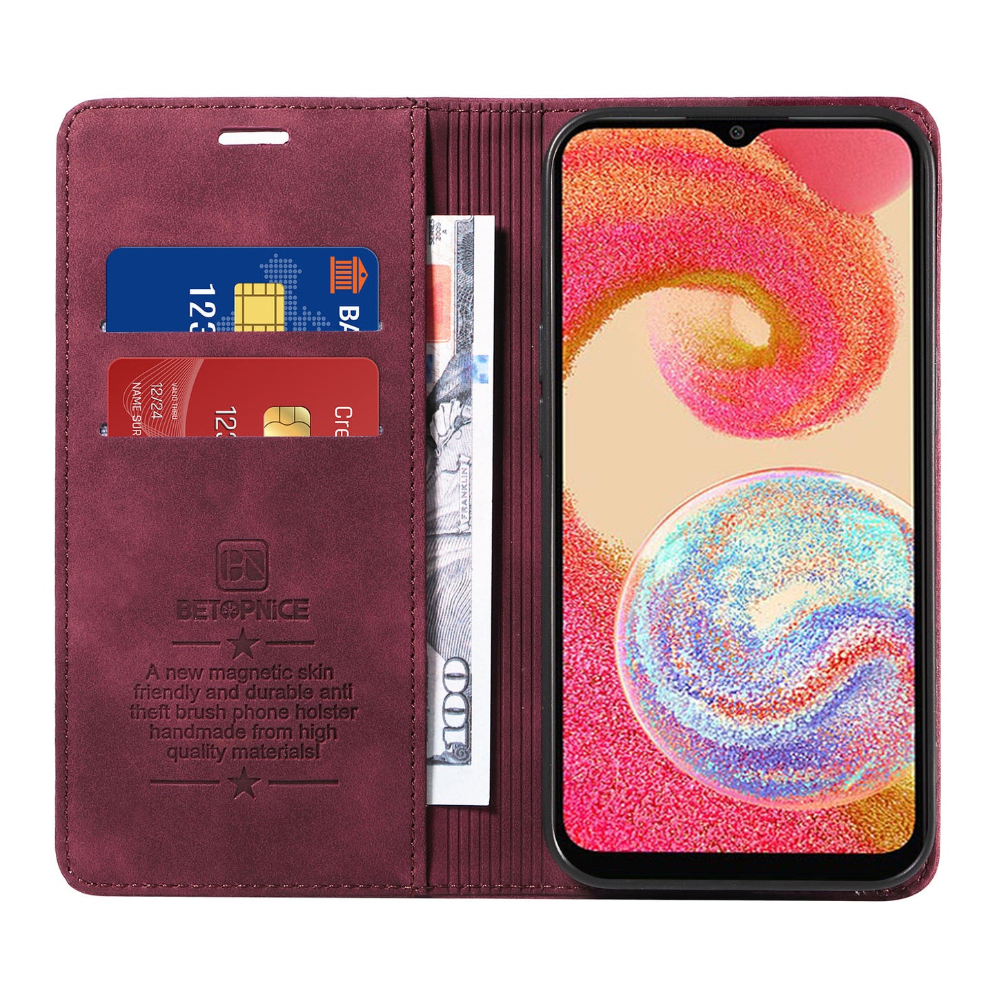 Uniqkart 003 For Samsung Galaxy A04e 4G / F04 4G / M04 4G Wallet Cell Phone Case RFID Blocking PU Leather Stand Cover - Red