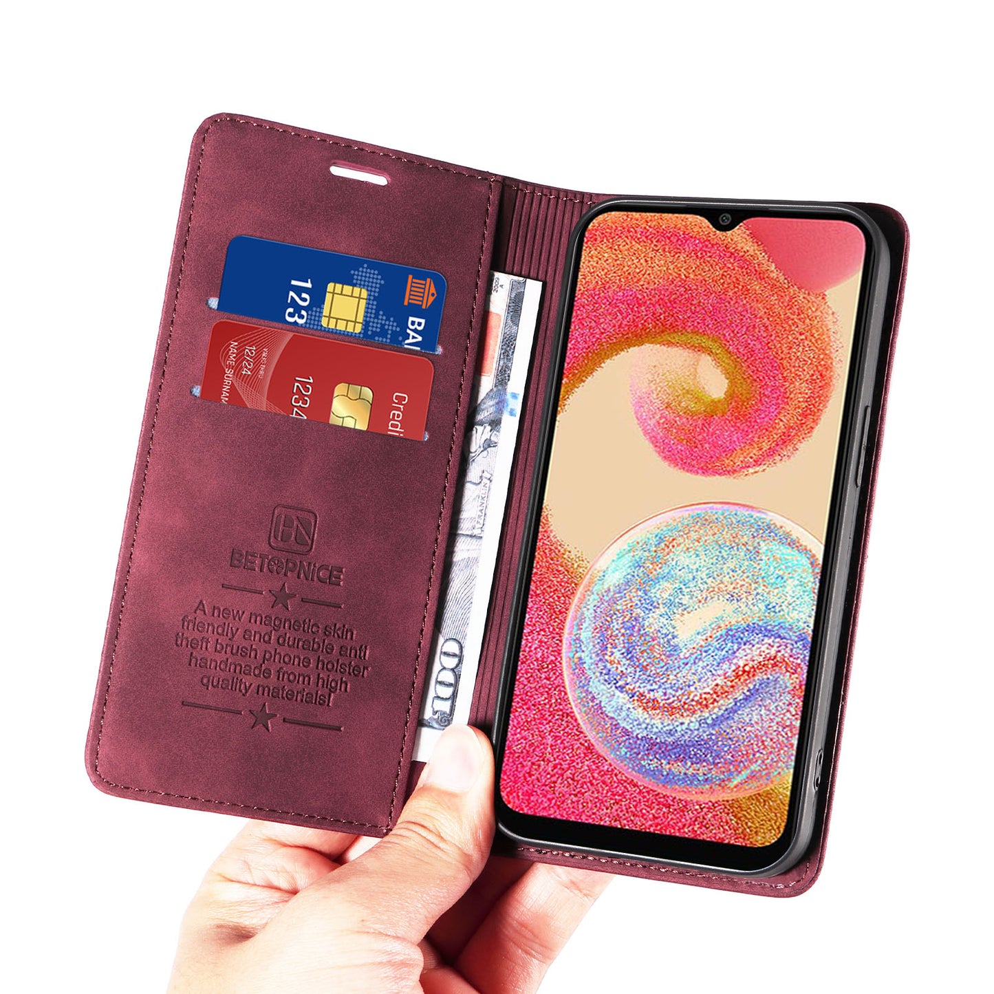 Uniqkart 003 For Samsung Galaxy A04e 4G / F04 4G / M04 4G Wallet Cell Phone Case RFID Blocking PU Leather Stand Cover - Red