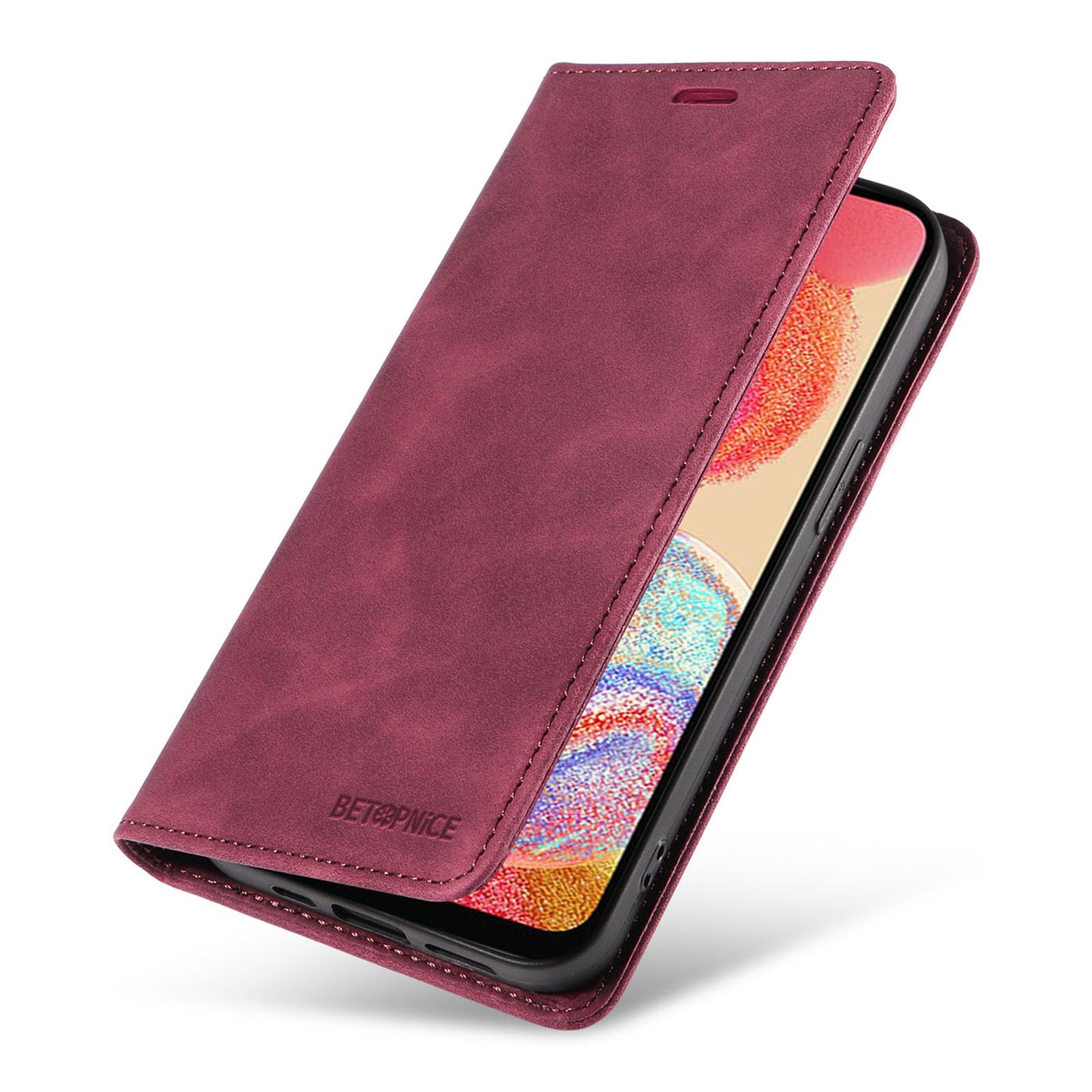 Uniqkart 003 For Samsung Galaxy A04e 4G / F04 4G / M04 4G Wallet Cell Phone Case RFID Blocking PU Leather Stand Cover - Red