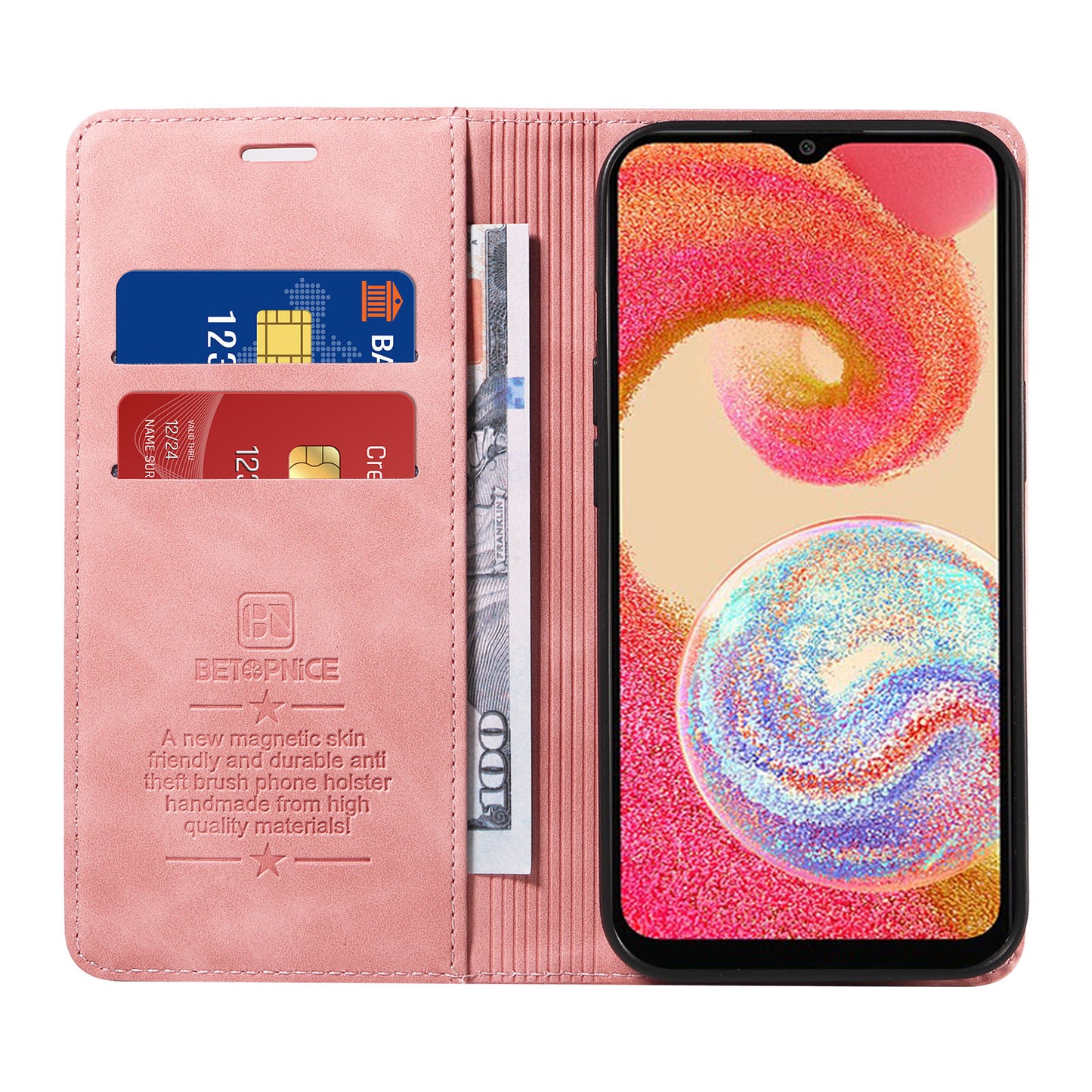 Uniqkart 003 For Samsung Galaxy A04e 4G / F04 4G / M04 4G Wallet Cell Phone Case RFID Blocking PU Leather Stand Cover - Pink