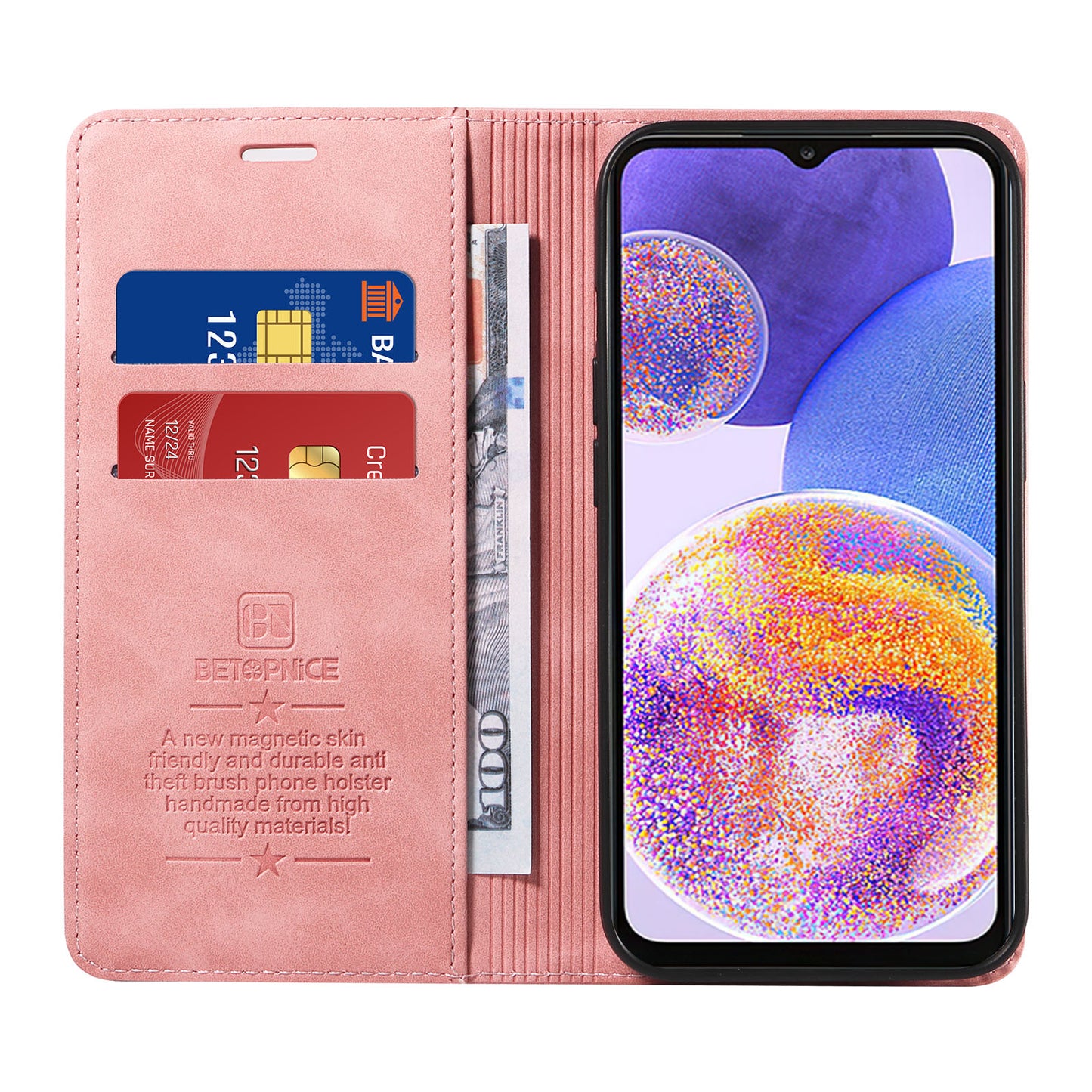 Uniqkart 003 For Samsung Galaxy A33 5G Slim-Fit Phone Shell PU Leather Stand Cover RFID Blocking Wallet Phone Case - Pink