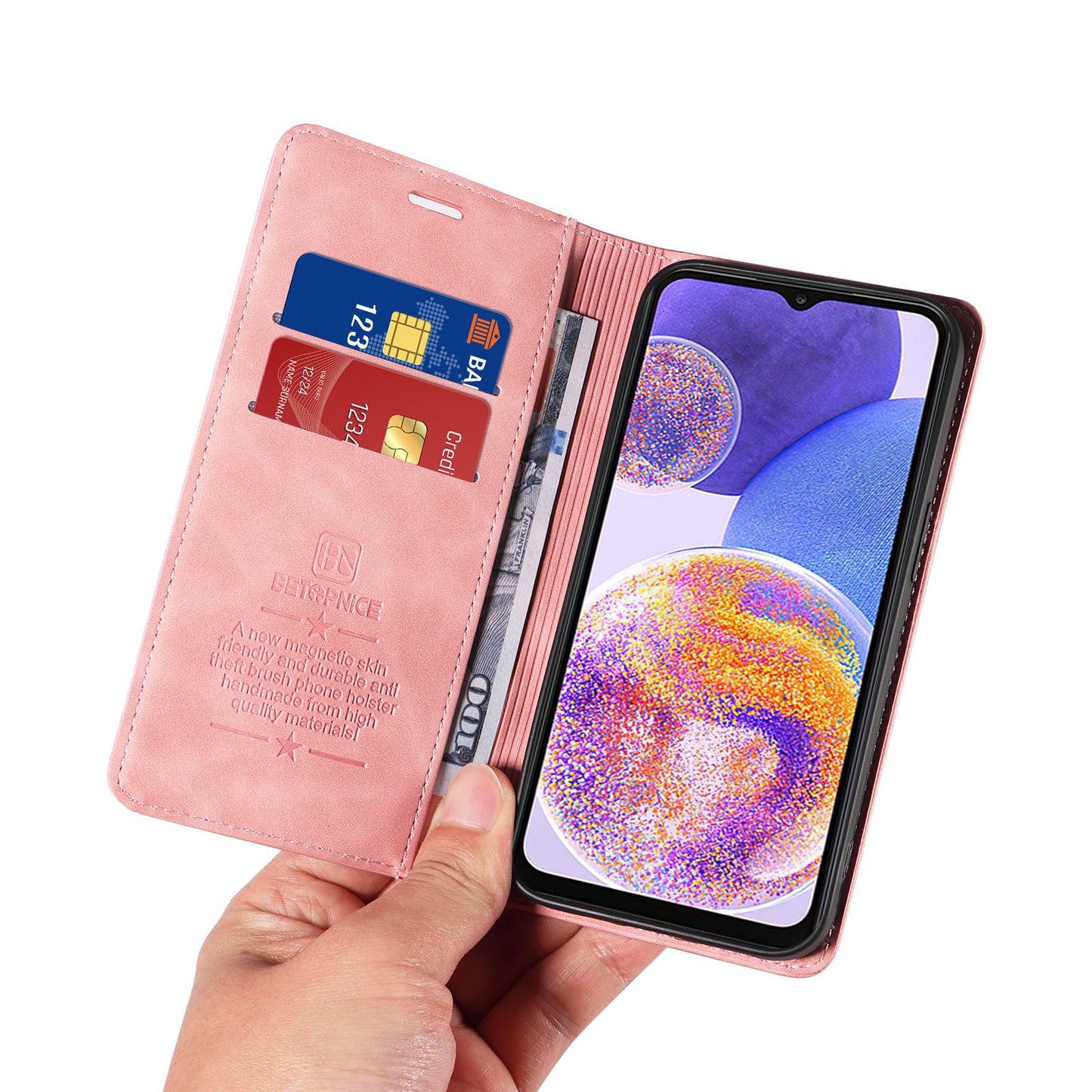 Uniqkart 003 For Samsung Galaxy A33 5G Slim-Fit Phone Shell PU Leather Stand Cover RFID Blocking Wallet Phone Case - Pink