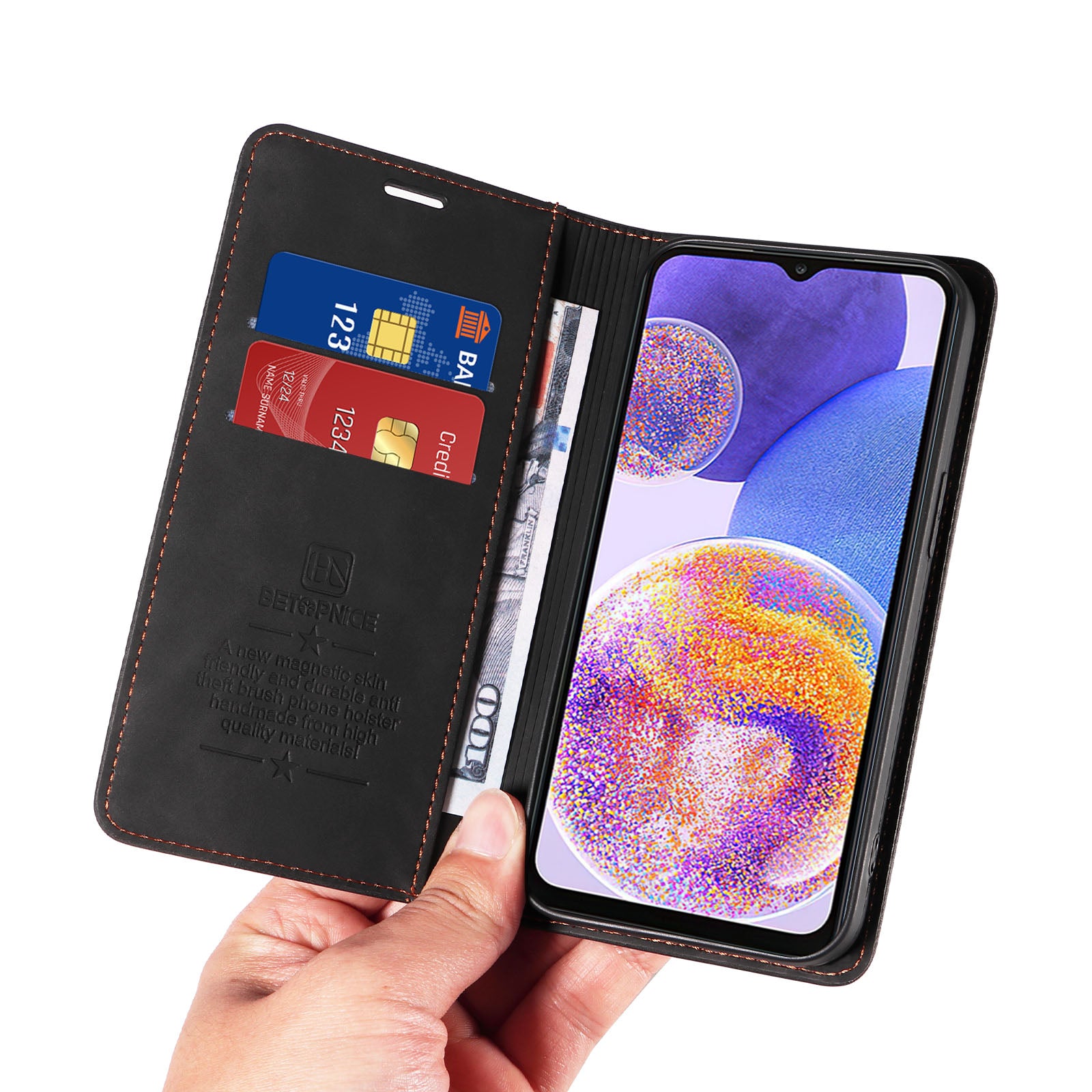 Uniqkart 003 For Samsung Galaxy A73 5G Slim-Fit PU Leather Stand Cover RFID Blocking Wallet Phone Case - Black