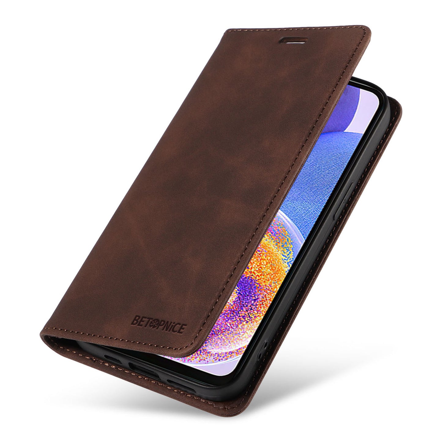 Uniqkart 003 For Samsung Galaxy A73 5G Slim-Fit PU Leather Stand Cover RFID Blocking Wallet Phone Case - Brown