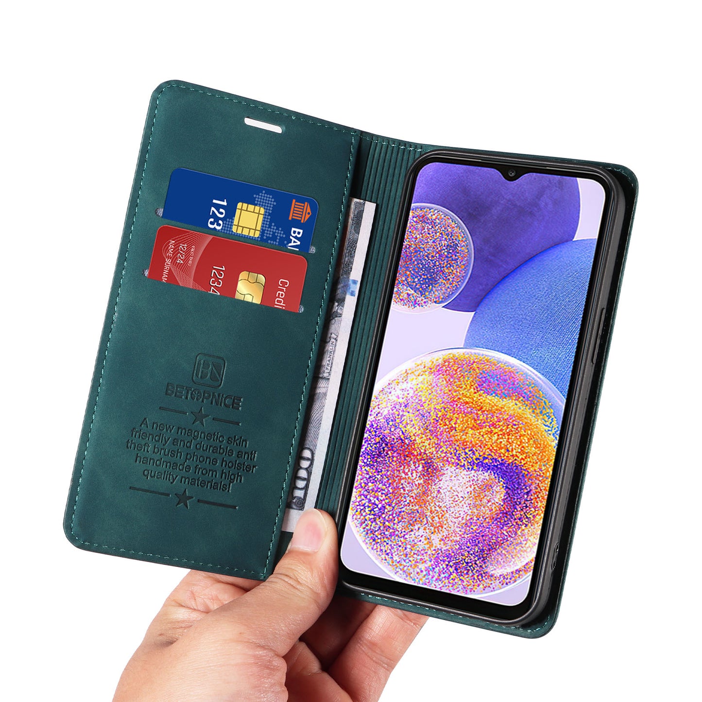for Samsung Galaxy A23 4G / A23 5G (Global Version) / F23 5G / M23 5G/M13 4G RFID Blocking Stand PU Leather Cover Magnetic Wallet Case - Green