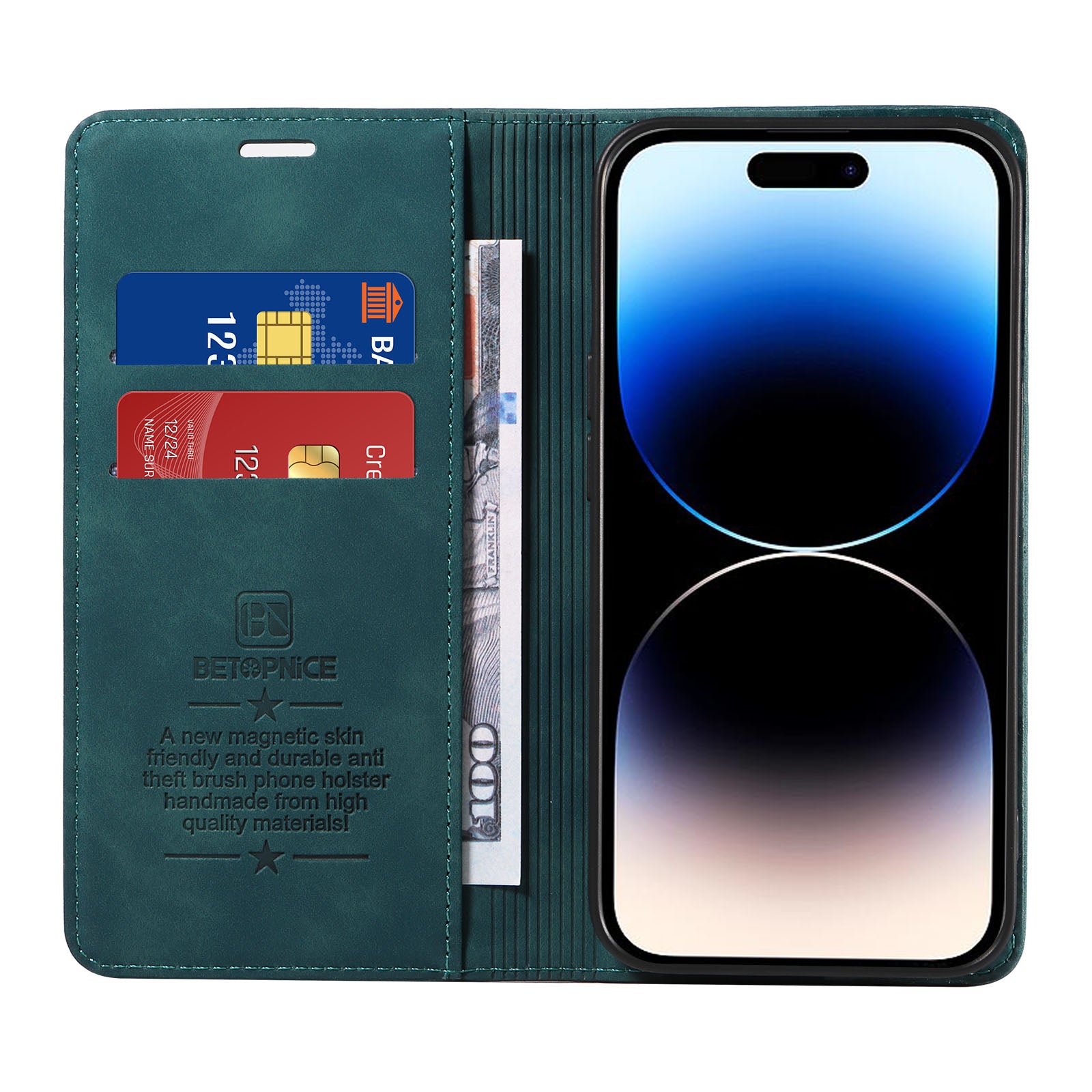 Uniqkart 003 For iPhone 15 Pro Max Lightweight PU Leather Stand Cover RFID Blocking Case Wallet Phone Shell - Green