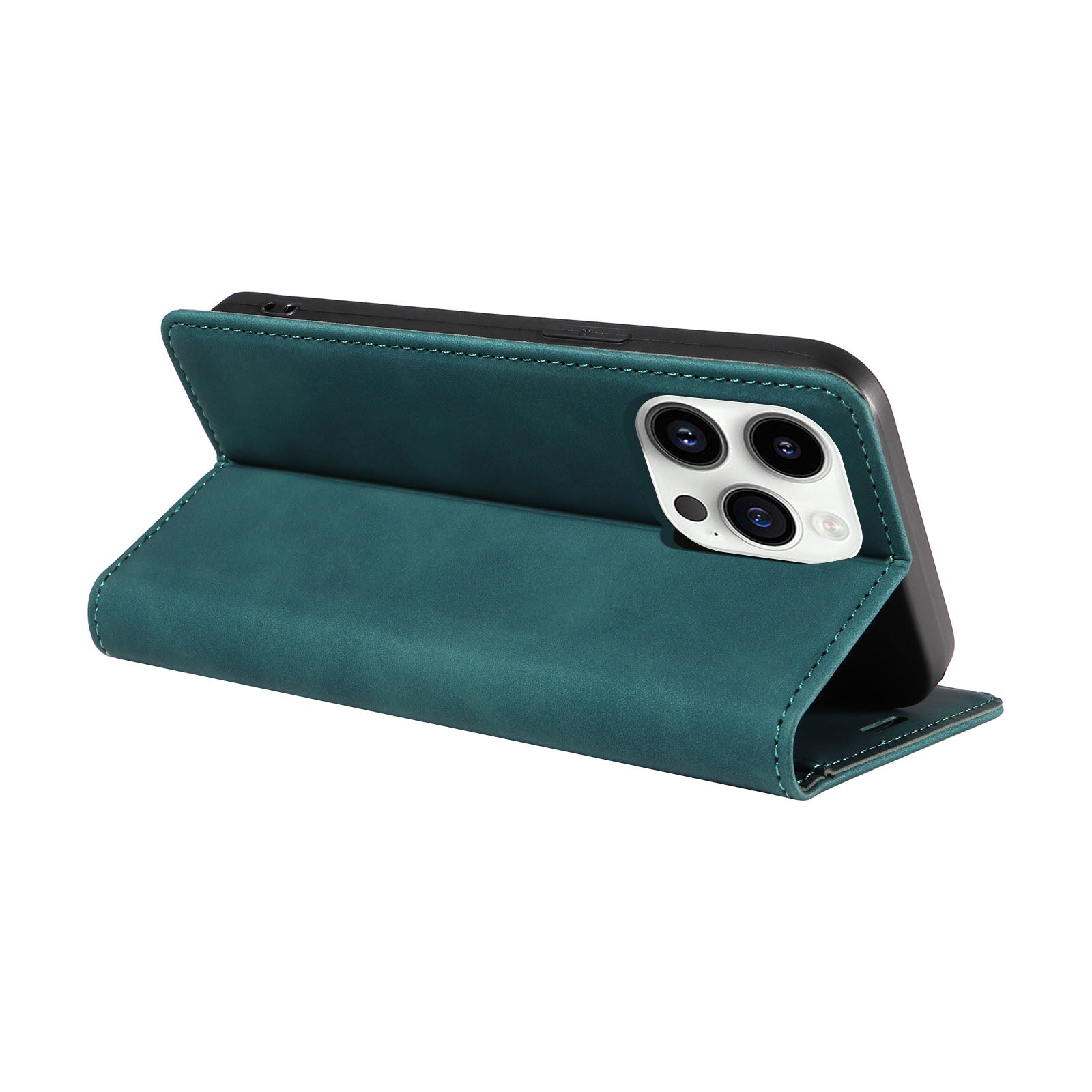 Uniqkart 003 For iPhone 15 Pro Max Lightweight PU Leather Stand Cover RFID Blocking Case Wallet Phone Shell - Green