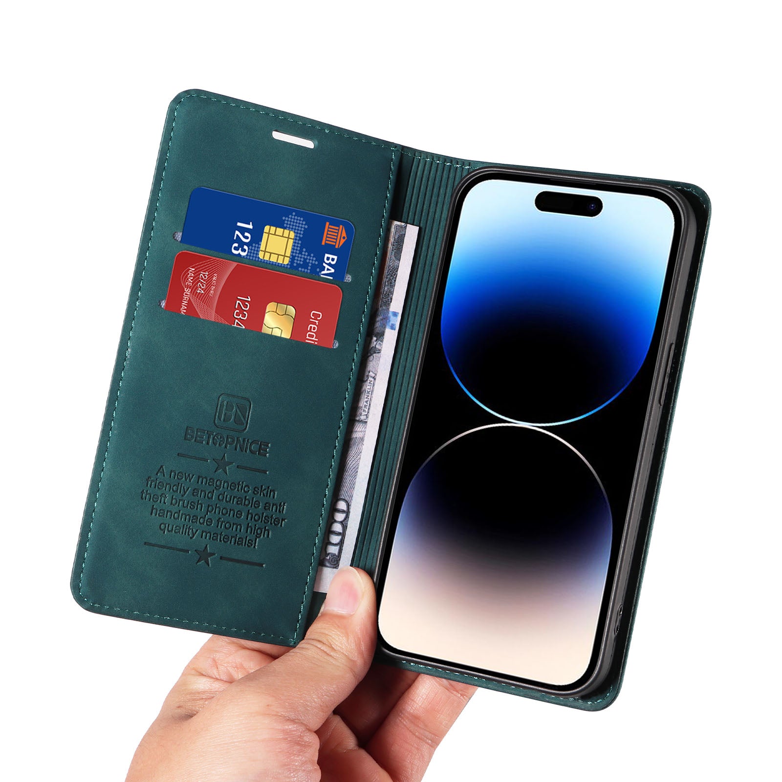 Uniqkart 003 For iPhone 15 Pro Max Lightweight PU Leather Stand Cover RFID Blocking Case Wallet Phone Shell - Green