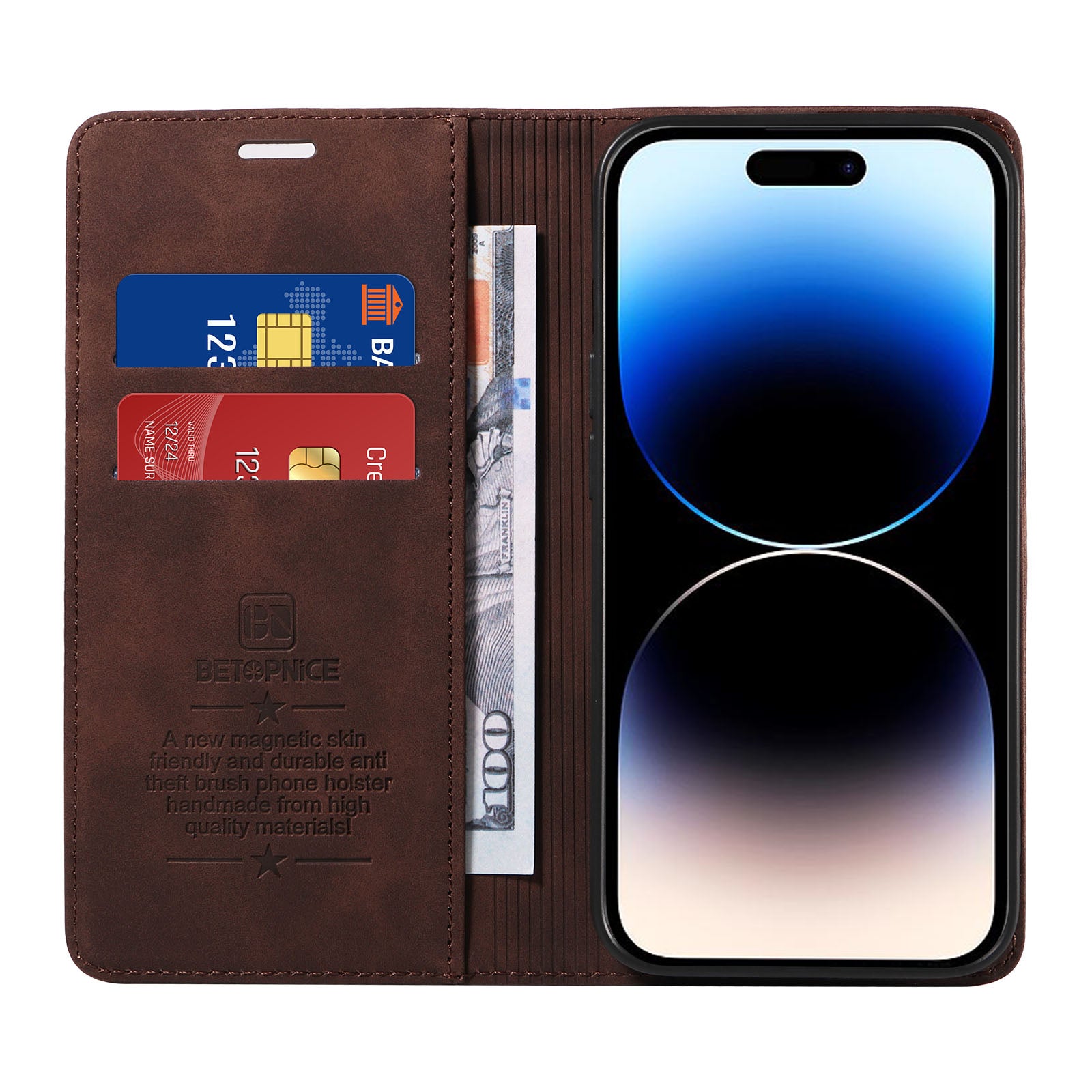 Uniqkart 003 For iPhone 15 Pro Max Lightweight PU Leather Stand Cover RFID Blocking Case Wallet Phone Shell - Brown