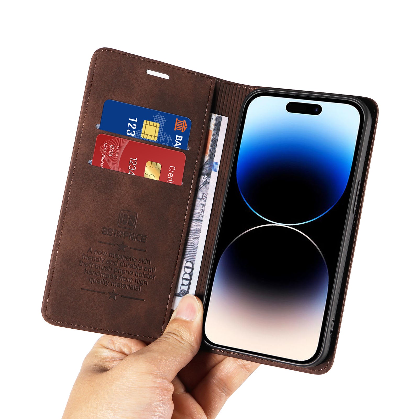 Uniqkart 003 For iPhone 15 Pro Max Lightweight PU Leather Stand Cover RFID Blocking Case Wallet Phone Shell - Brown