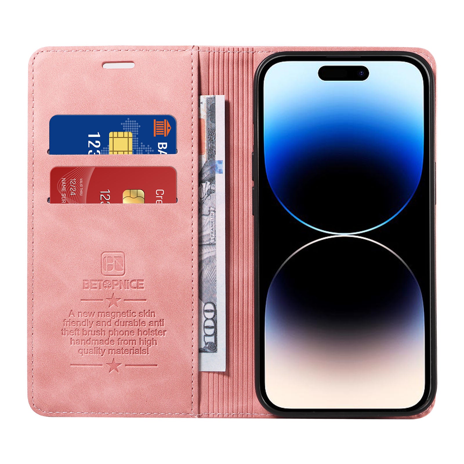 Uniqkart 003 For iPhone 15 Pro Max Lightweight PU Leather Stand Cover RFID Blocking Case Wallet Phone Shell - Pink