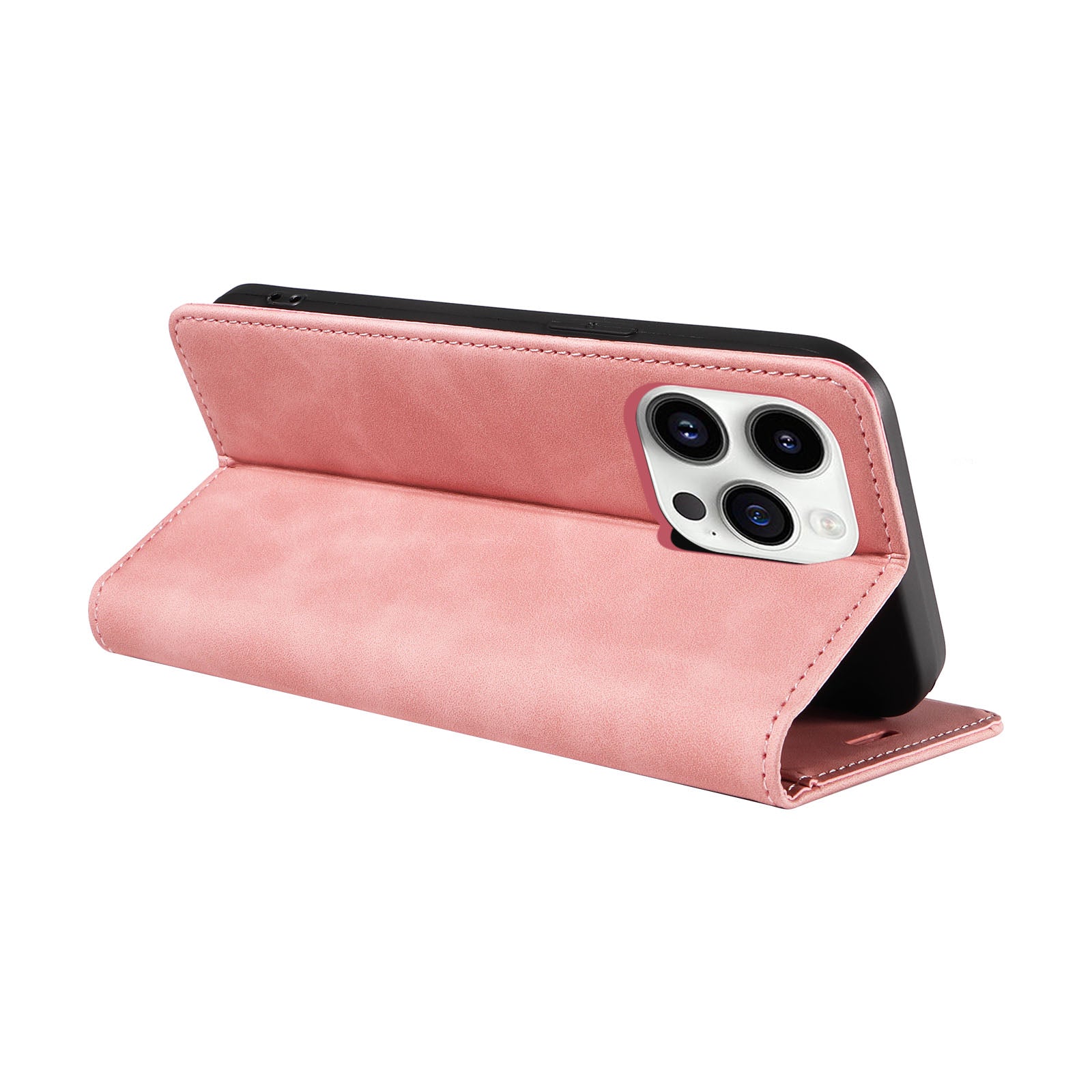 Uniqkart 003 For iPhone 15 Pro Max Lightweight PU Leather Stand Cover RFID Blocking Case Wallet Phone Shell - Pink