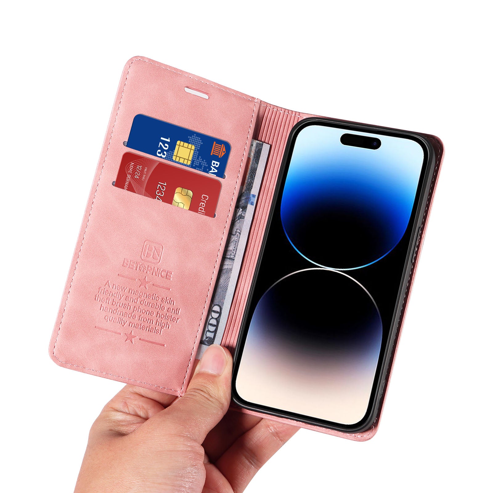Uniqkart 003 For iPhone 15 Pro Max Lightweight PU Leather Stand Cover RFID Blocking Case Wallet Phone Shell - Pink