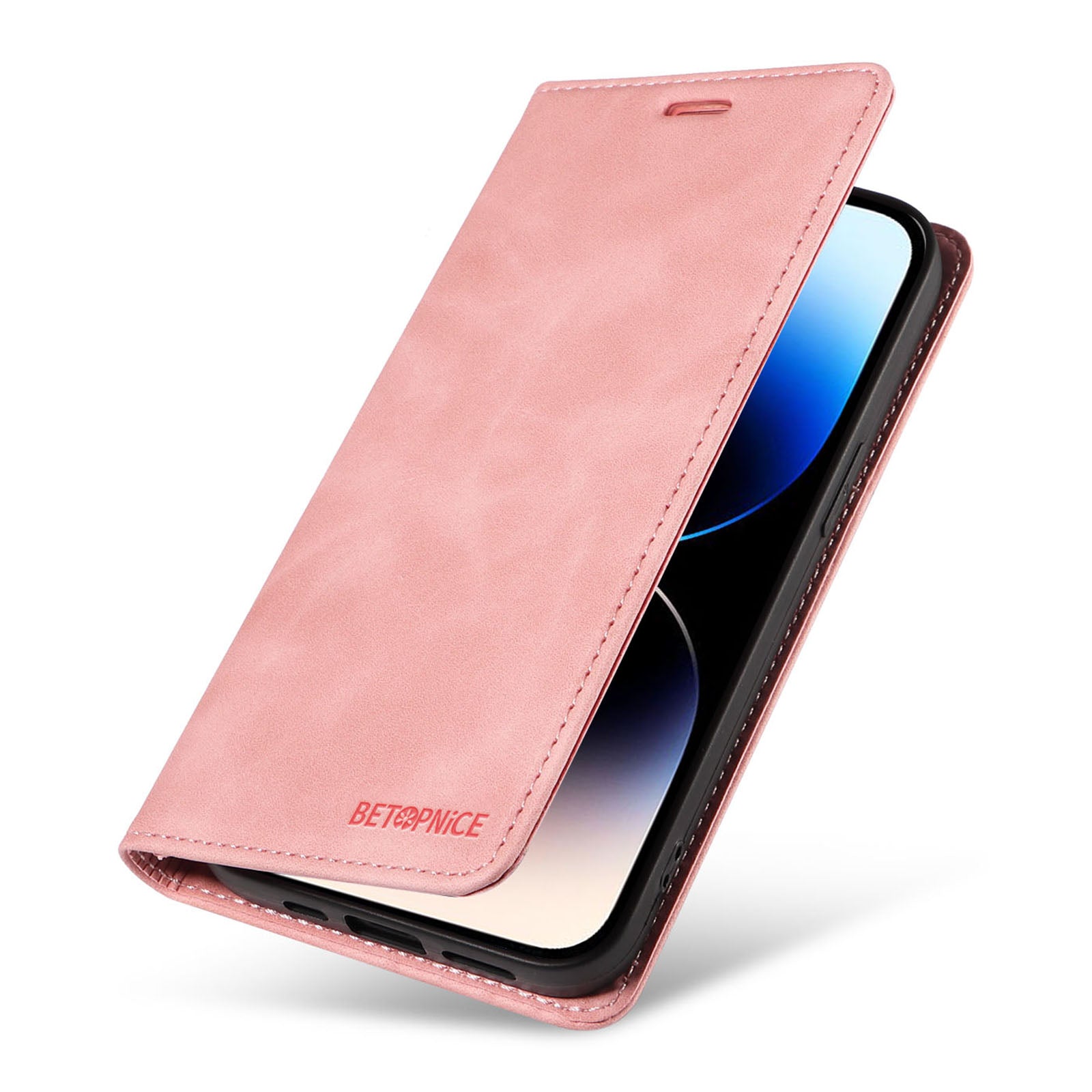 Uniqkart 003 For iPhone 15 Pro Max Lightweight PU Leather Stand Cover RFID Blocking Case Wallet Phone Shell - Pink