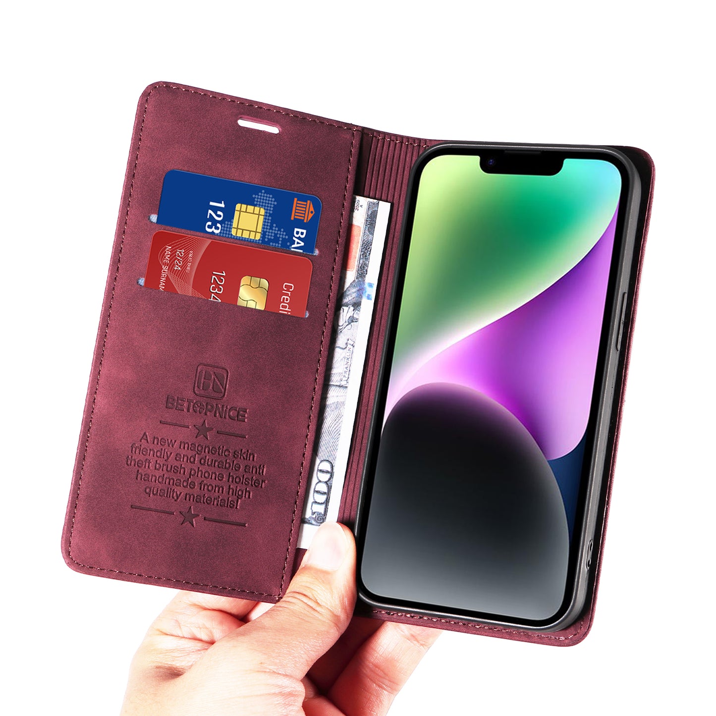 Uniqkart 003 For iPhone 15 Phone Case RFID Blocking PU Leather Stand Cover Wallet - Red