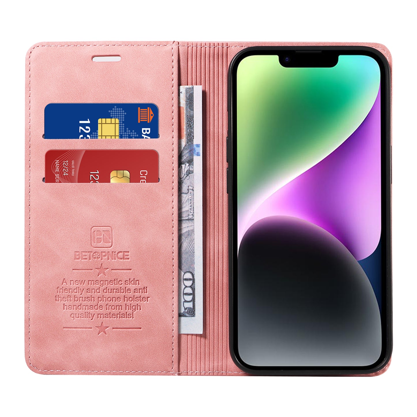 Uniqkart 003 For iPhone 15 Phone Case RFID Blocking PU Leather Stand Cover Wallet - Pink