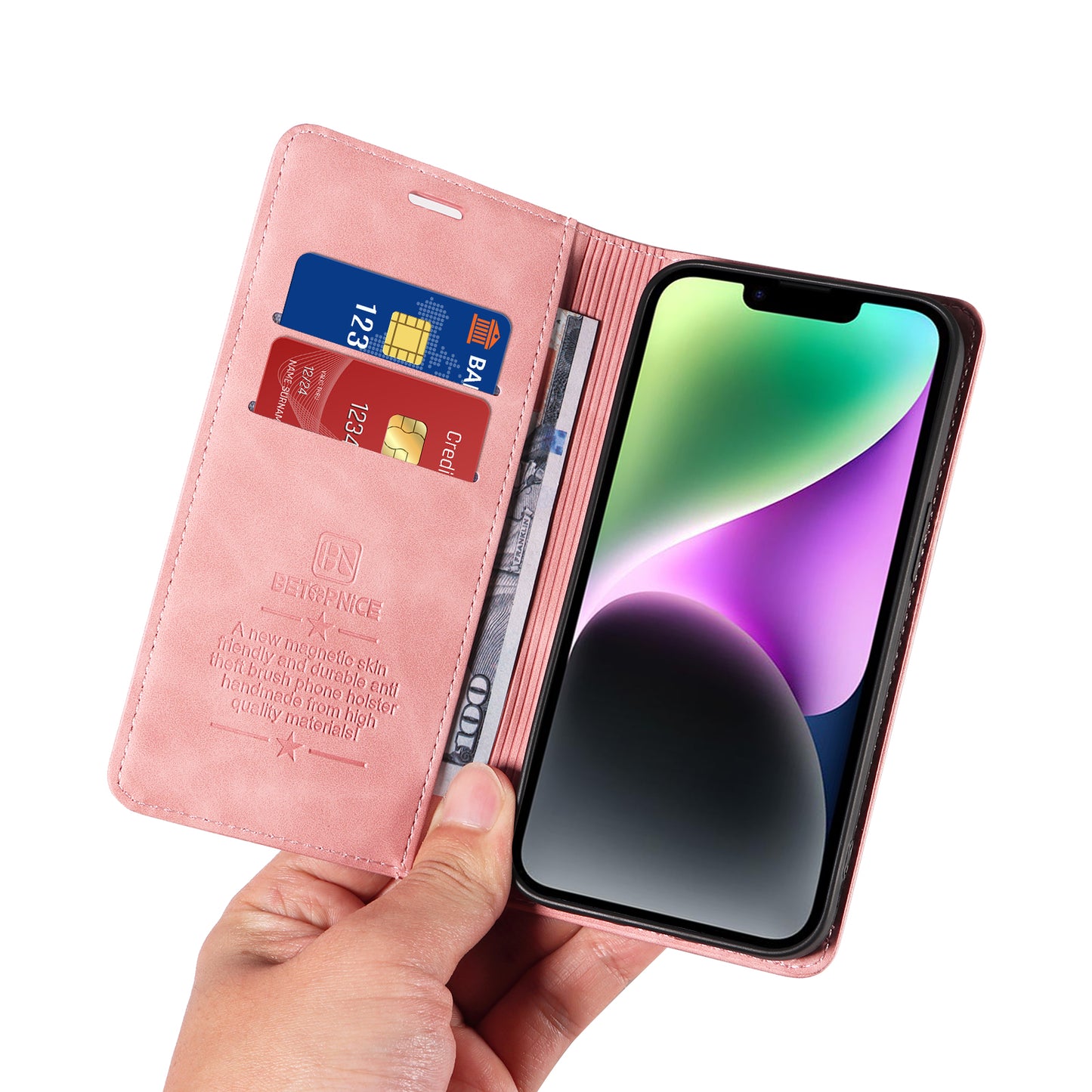 Uniqkart 003 For iPhone 15 Phone Case RFID Blocking PU Leather Stand Cover Wallet - Pink