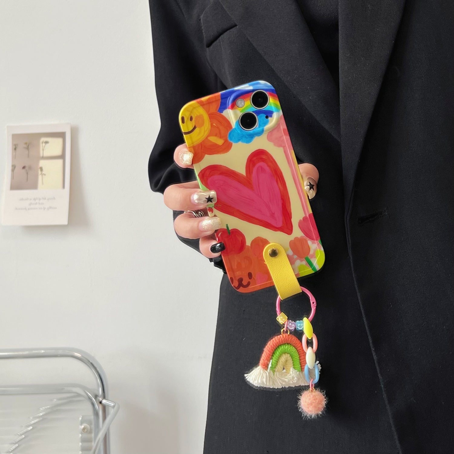 Uniqkart for iPhone 14 Plus Flexible TPU Phone Shell Heart Pattern Cover Case with Rainbow Decor, Leather Shoulder Strap
