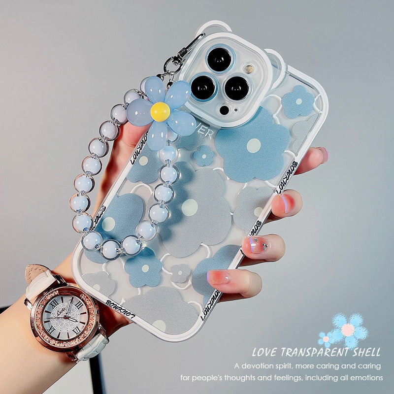 TPU Phone Case for iPhone 14 Pro , Bear Ear Decor Cell Phone Shell Flower Pattern Cover with Bead Strap