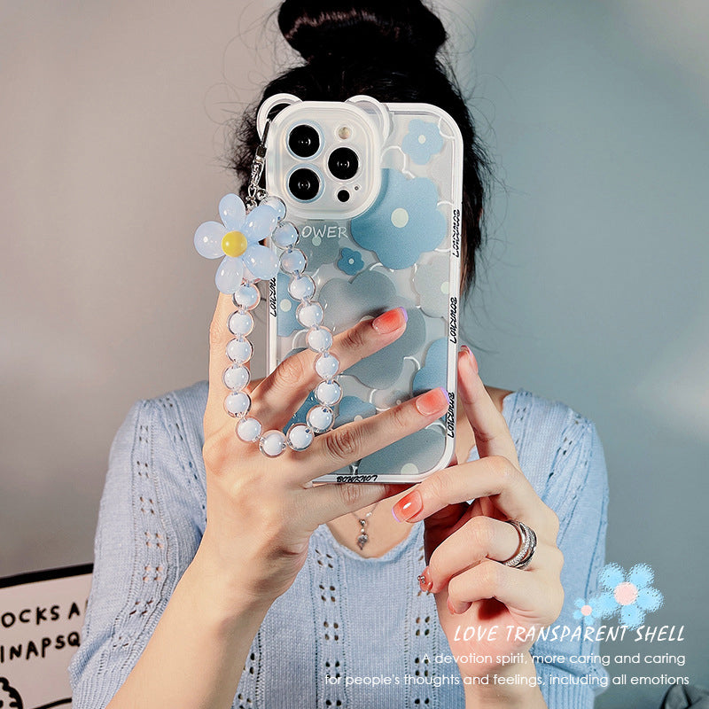 TPU Phone Case for iPhone 14 Pro , Bear Ear Decor Cell Phone Shell Flower Pattern Cover with Bead Strap