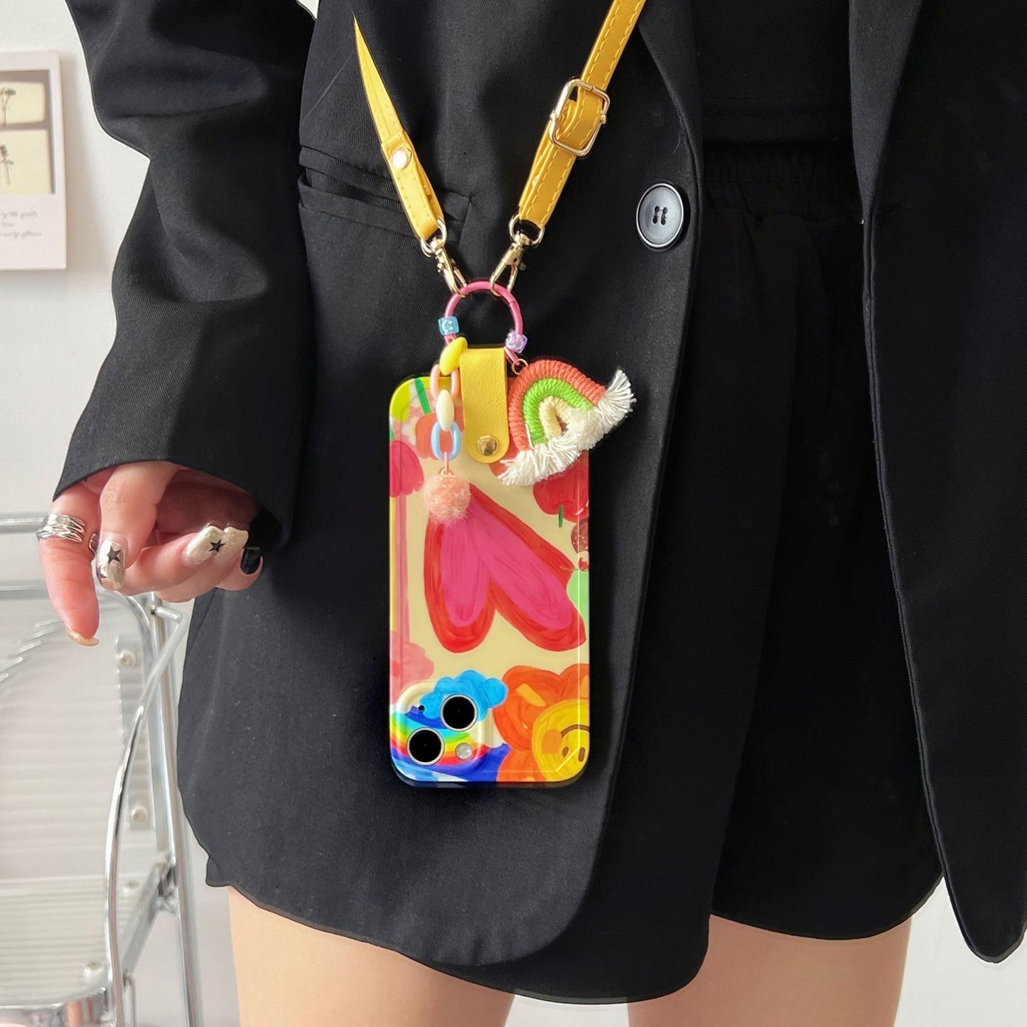 Uniqkart for iPhone 13 Soft TPU Phone Cover Heart Pattern Cell Phone Case with Rainbow Decor, Leather Shoulder Strap
