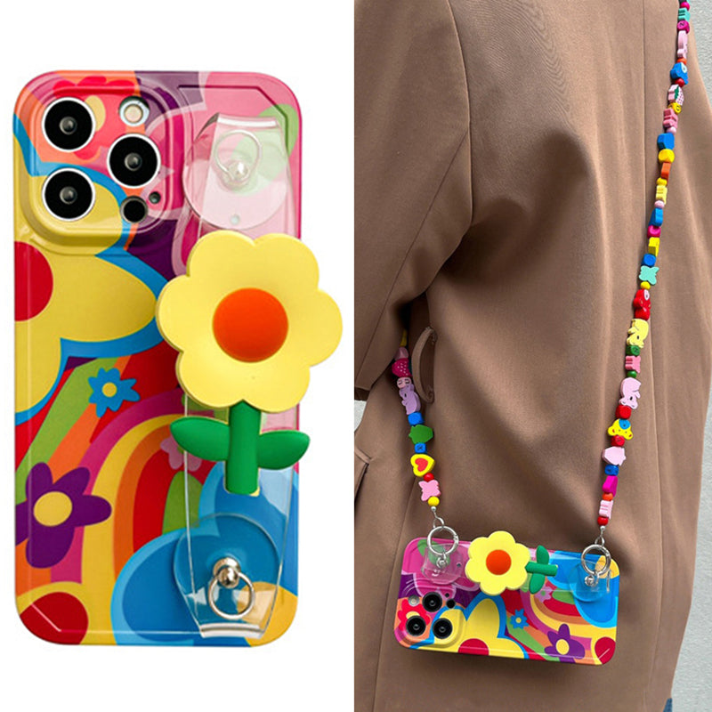 Uniqkart for iPhone 12 Pro Max TPU Phone Case Flower Decor Clear Wristband Printed Phone Cover with Shoulder Strap