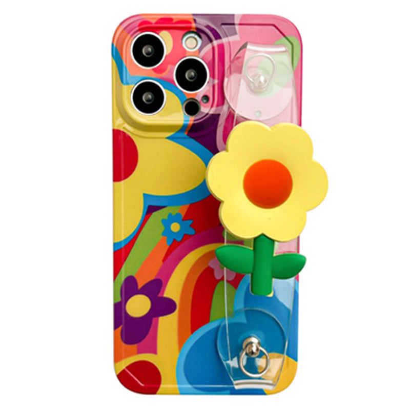 Uniqkart for iPhone 14 Pro Max Pattern Printed TPU Case Flower Decor Transparent Wristband Phone Cover