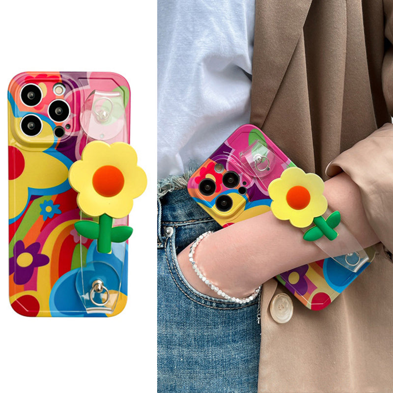 Uniqkart for iPhone 14 Pro Max Pattern Printed TPU Case Flower Decor Transparent Wristband Phone Cover