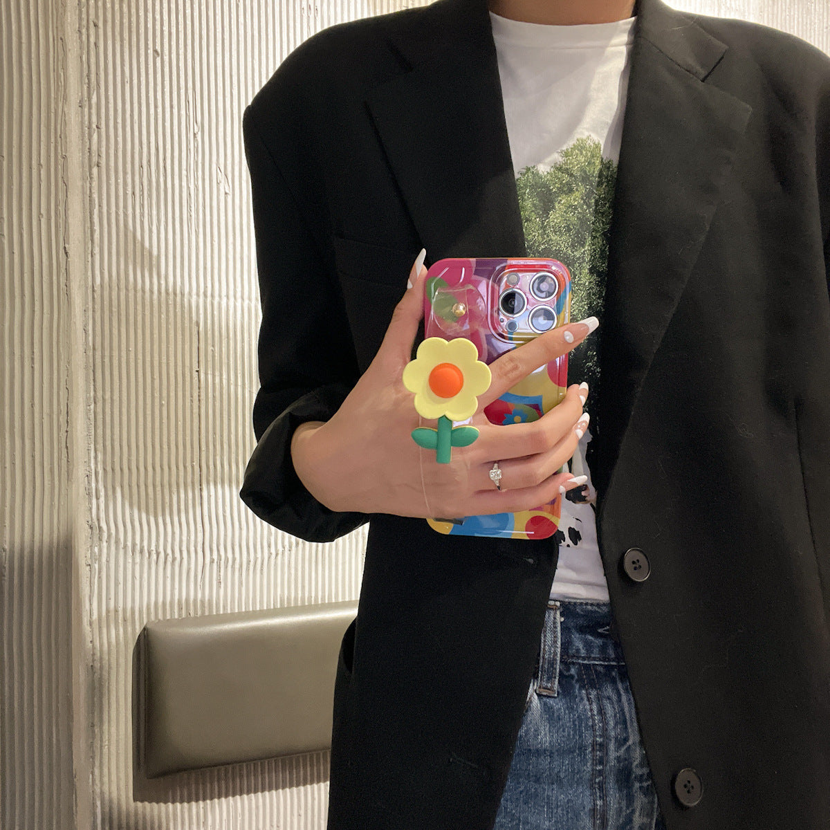 Uniqkart for iPhone 14 Pro Max Pattern Printed TPU Case Flower Decor Transparent Wristband Phone Cover