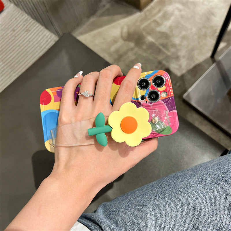 Uniqkart for iPhone 14 Pro Max Pattern Printed TPU Case Flower Decor Transparent Wristband Phone Cover