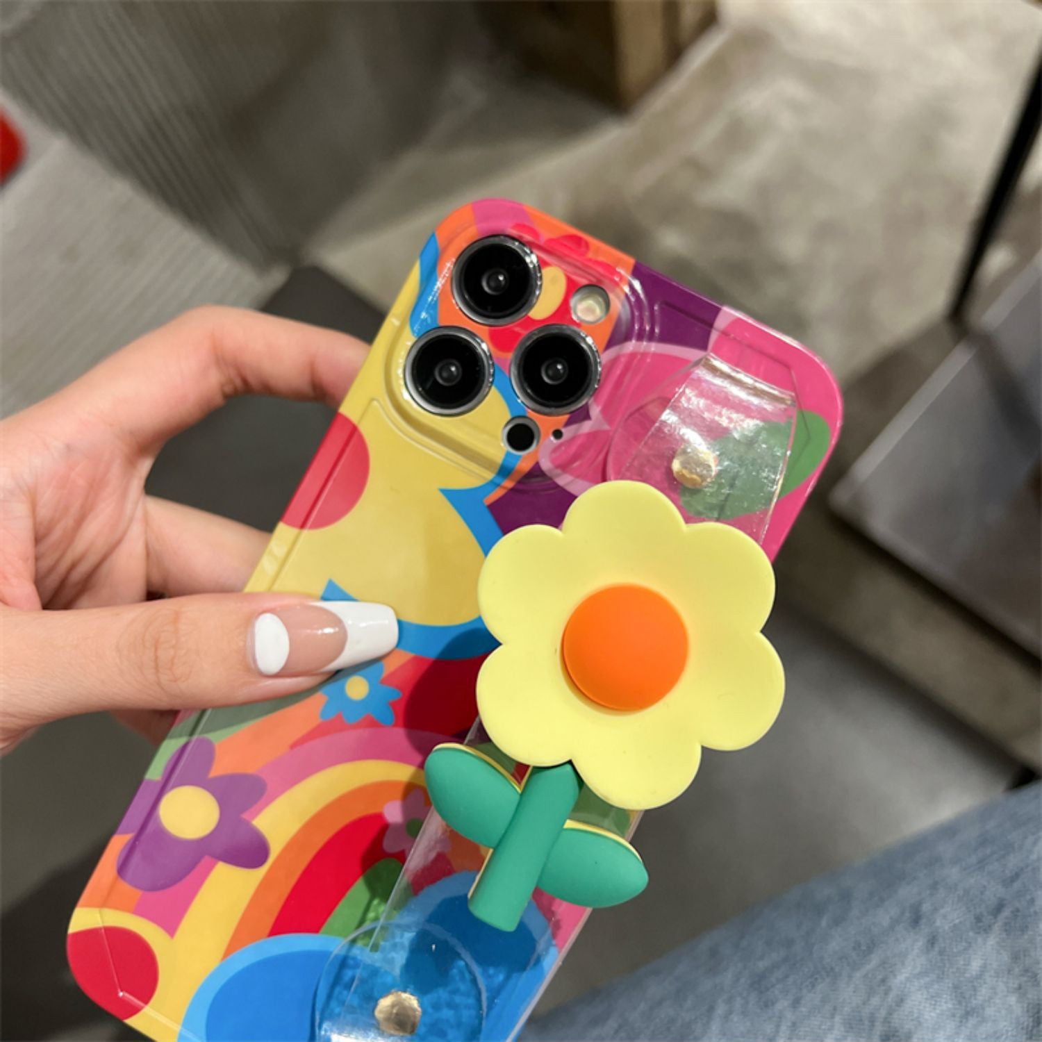 Uniqkart for iPhone 14 Pro Max Pattern Printed TPU Case Flower Decor Transparent Wristband Phone Cover