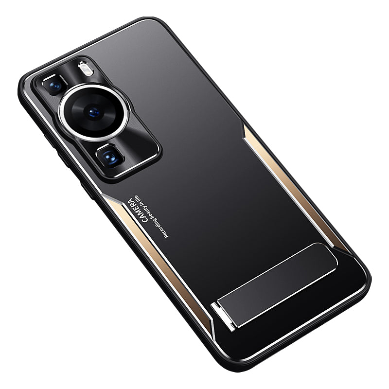 Uniqkart for Huawei P60 Folding Kickstand Phone Case TPU+Aluminium Alloy Anti-scratch Cover - Gold