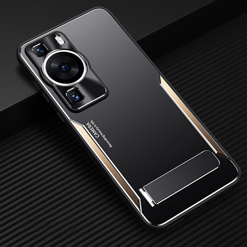 Uniqkart for Huawei P60 Folding Kickstand Phone Case TPU+Aluminium Alloy Anti-scratch Cover - Gold